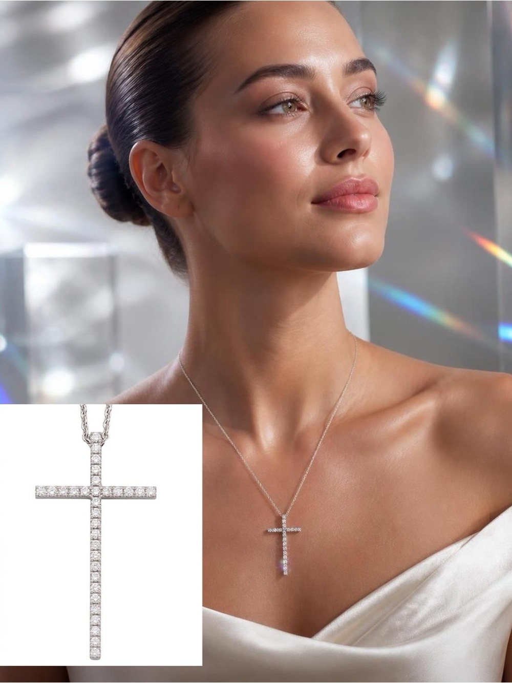 1.5” Tiffany & Co Large Metro Diamonds 18k White Gold Cross Pendant on 16” chain